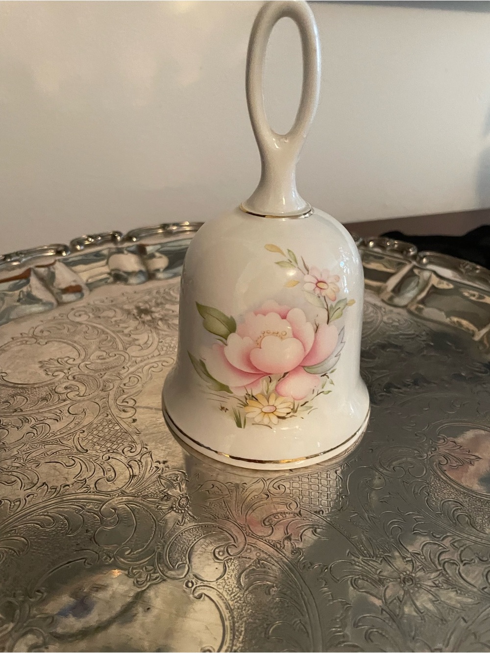 Vintage Porcelain Floral Hand Bell in White and Pink
